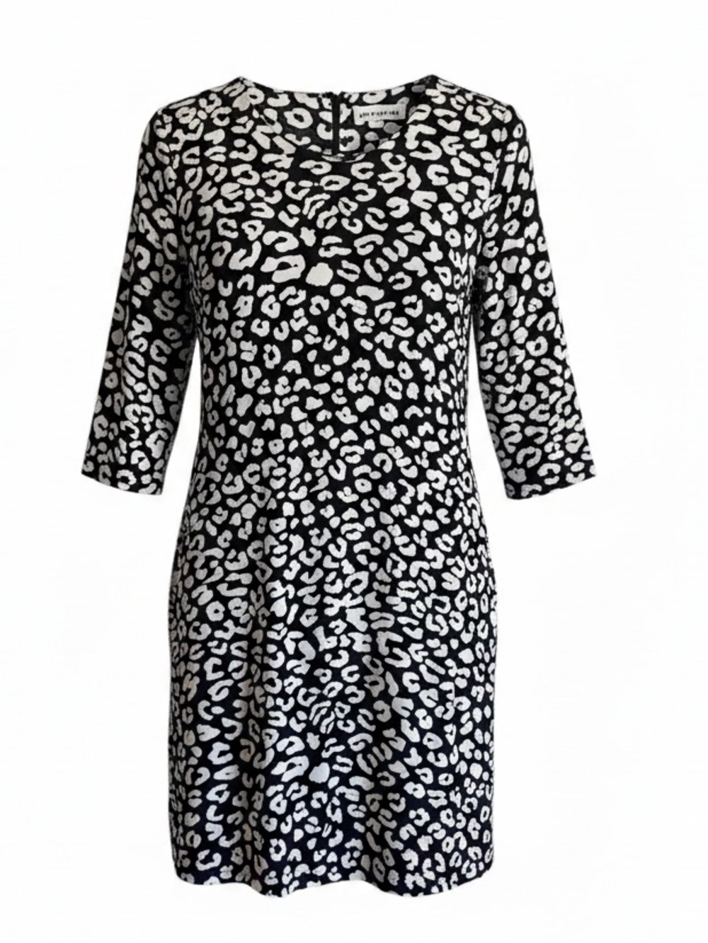 JAEGER 100% Silk Leopard Print Shift Dress Black White 3/4 Sleeve US 6/UK 10